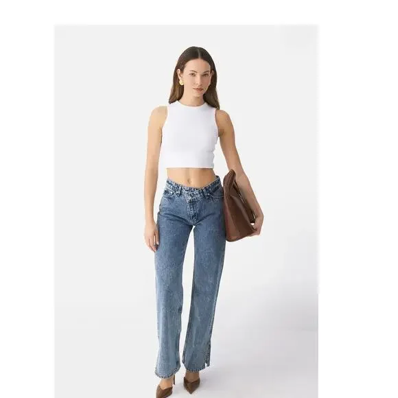 Piral Cross Button Straight Leg Blue Distressed Jeans Size Medium - Picture 3 of 11